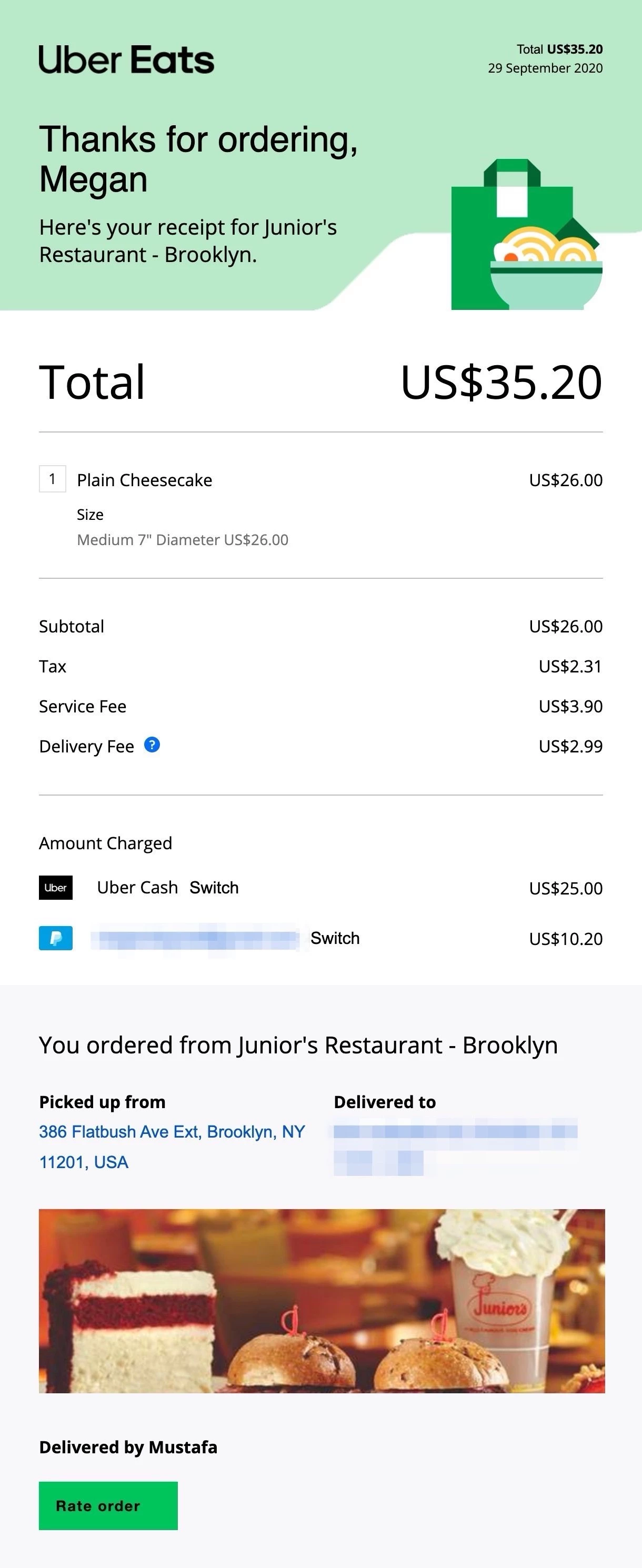 transactional email example: uber eats receipt thanks for ordering food total 