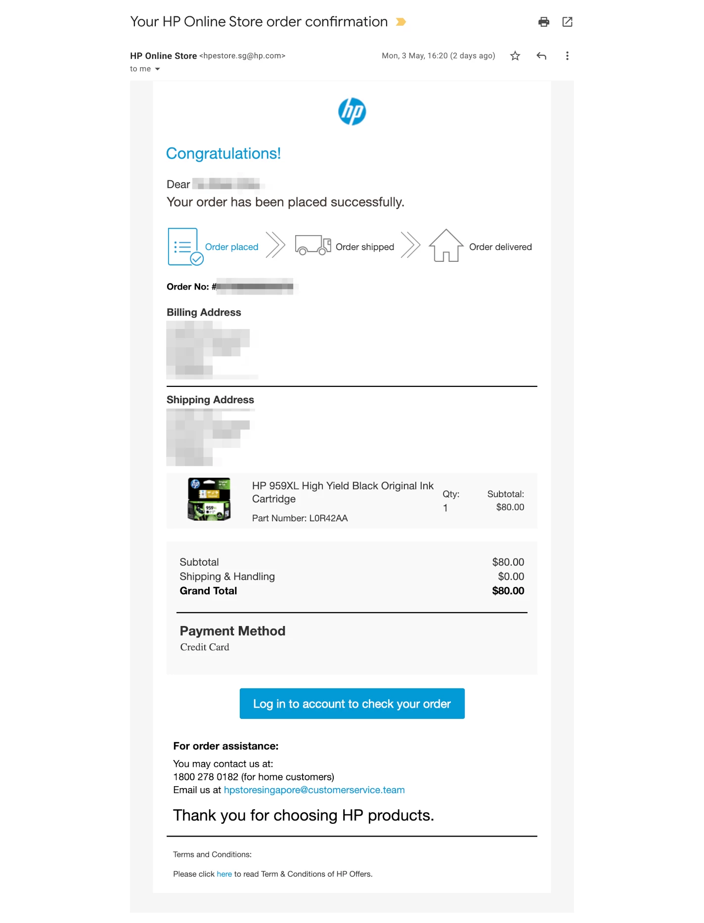 HP order confirmation email
