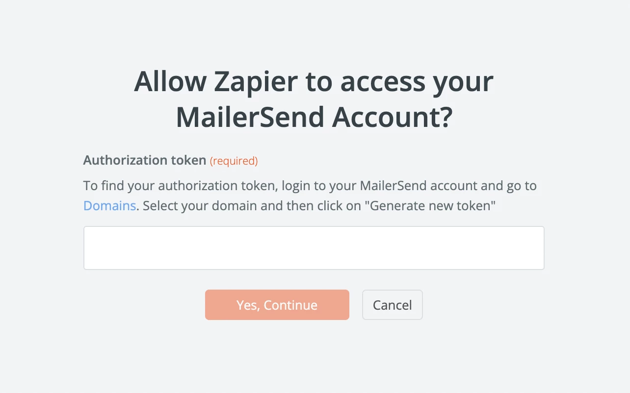 Screenshot showing the step to enter the API token to connect MailerSend.