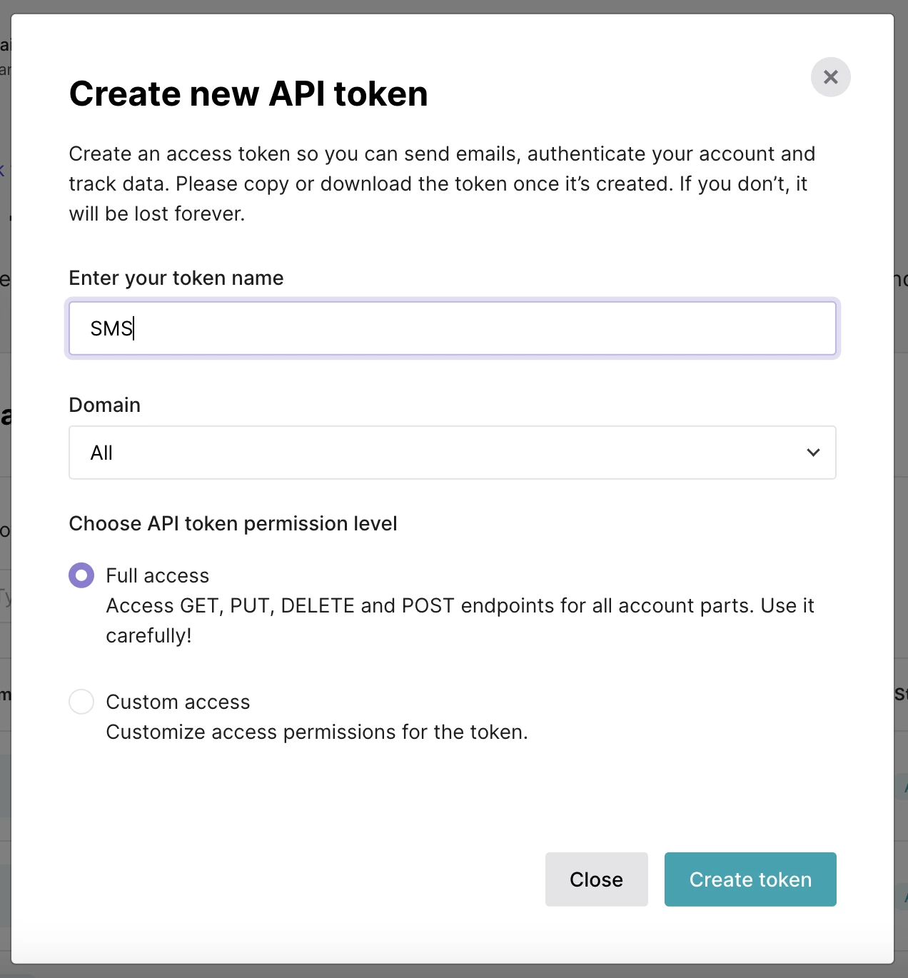Create a new API token modal in the MailerSend app.