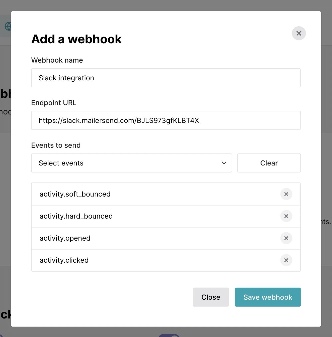 The Create a webhook modal in MailerSend with an example of a Slack endpoint URL.