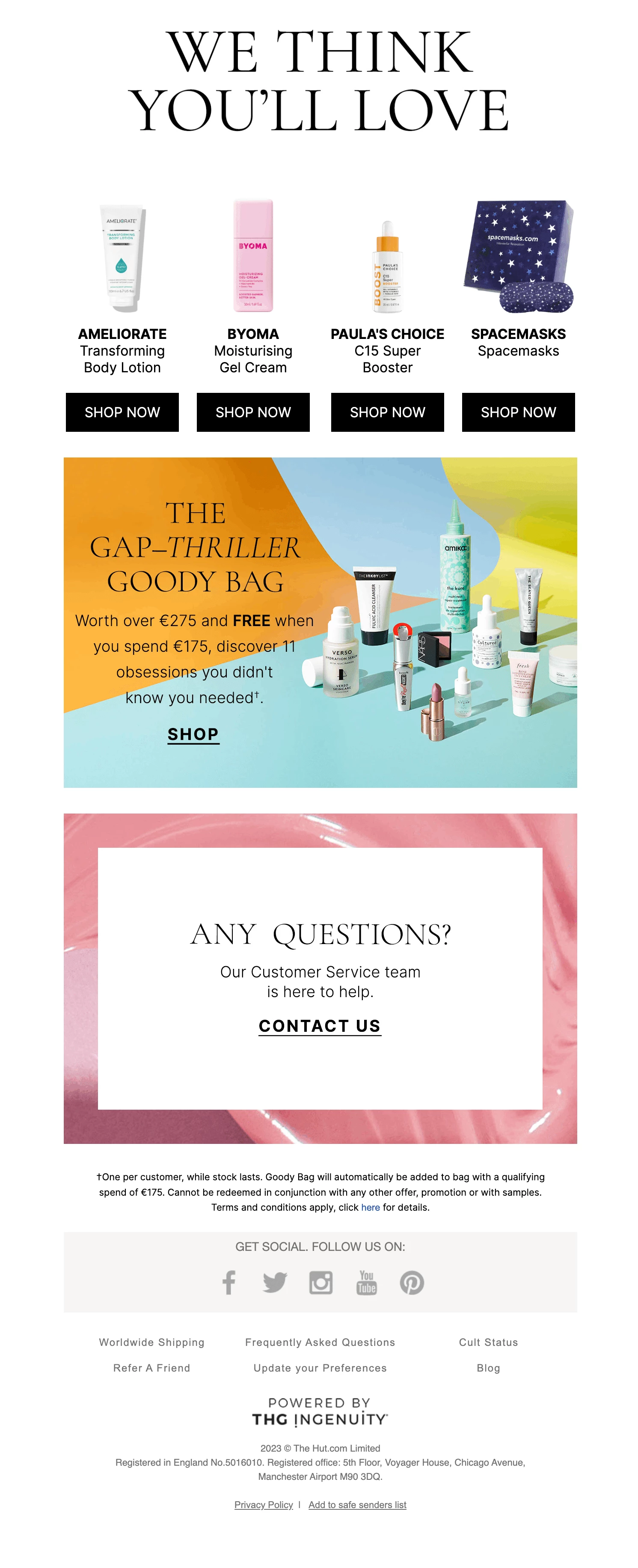 An example of a shipping email closing with cross-sell promotions from Cult Beauty. 