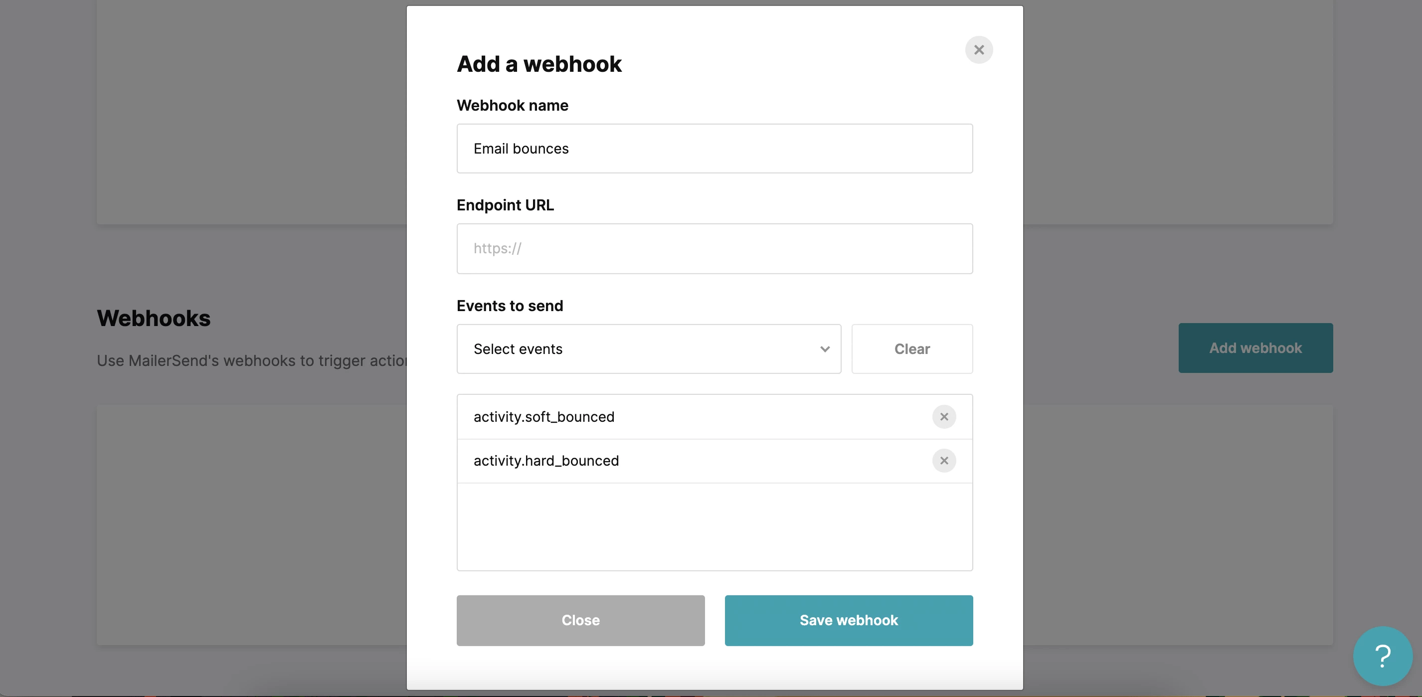 The MailerSend interface enabling users to add a webhook