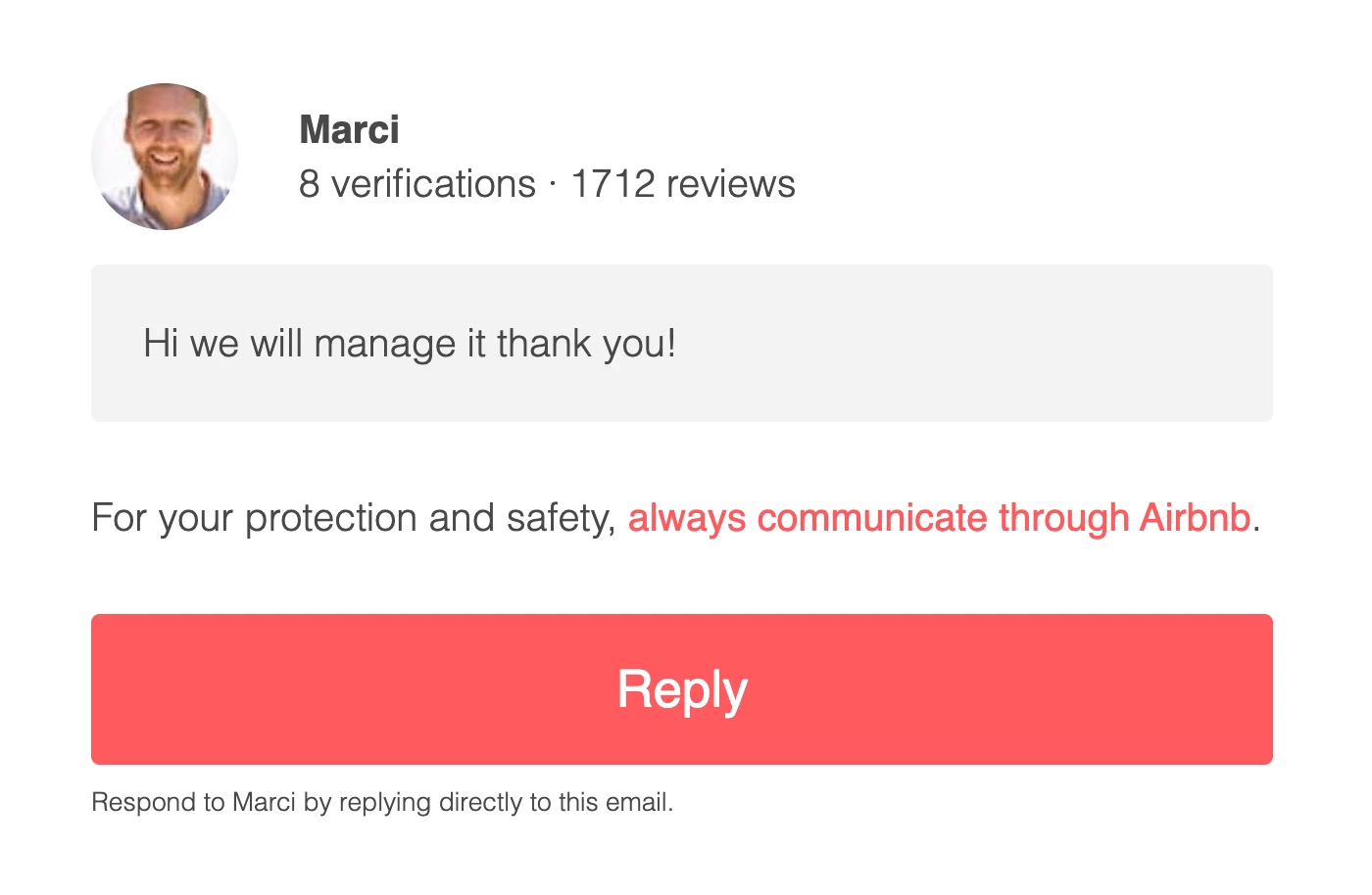 An email from AirBnB with the option to reply to a message by replying to the email. 