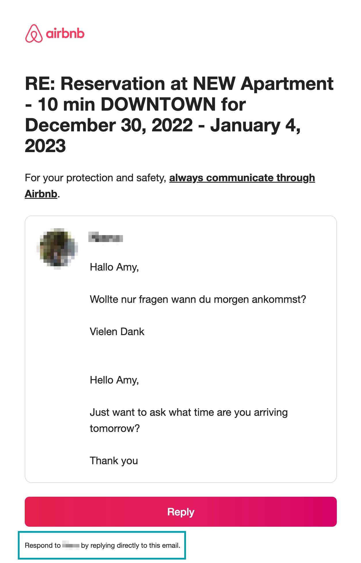 Example of an email message that can be replied to and uses inbound routing from Airbnb.