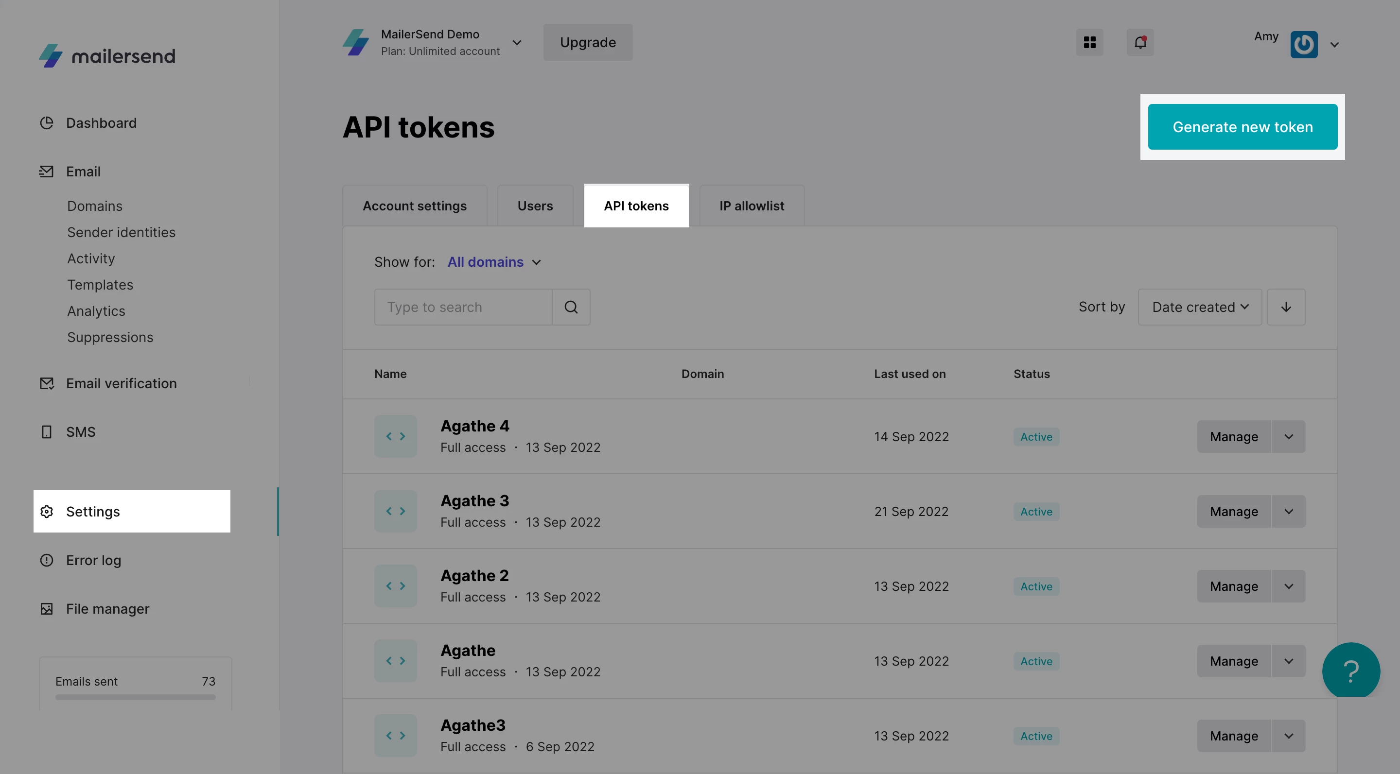 Screenshot highlighting navigation and button to create a new API token.