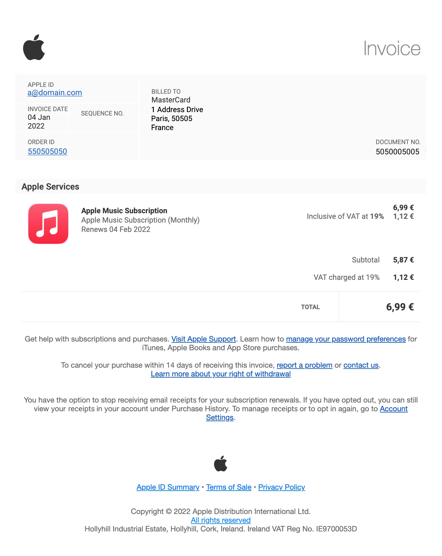 apple music invoice transactional email example