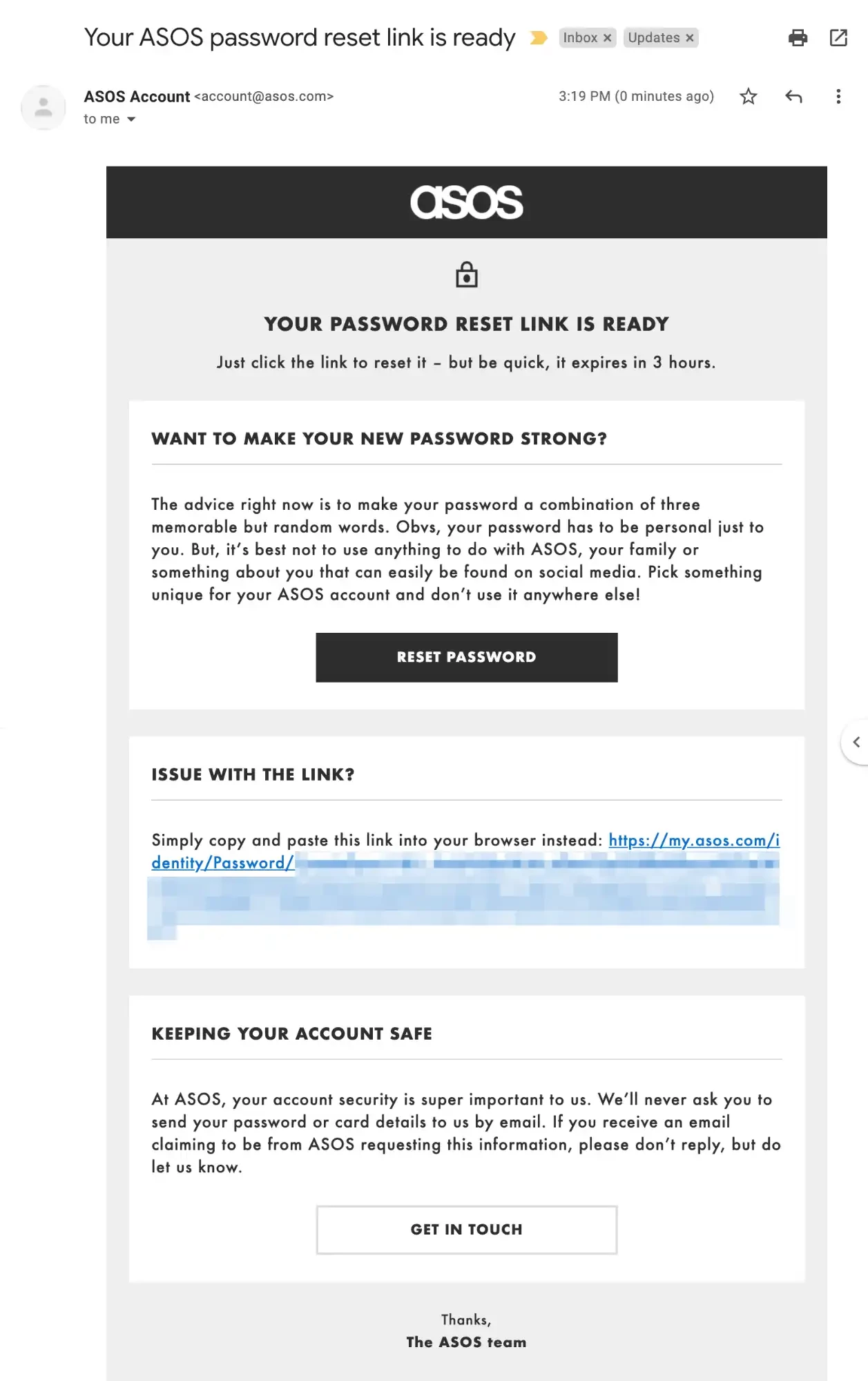 ASOS password reset email