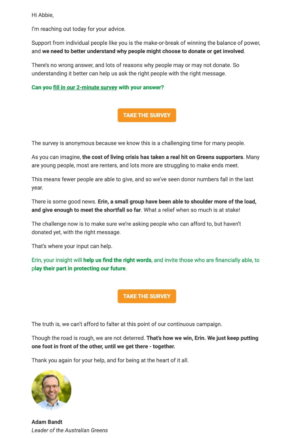 Example of a market research survey from Australian Greens.