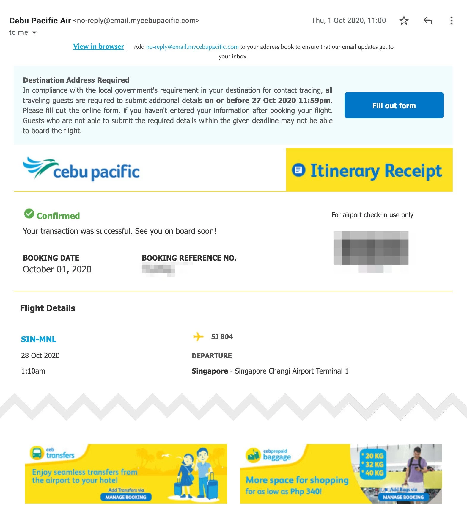 Cebu Pacific booking confirmation email