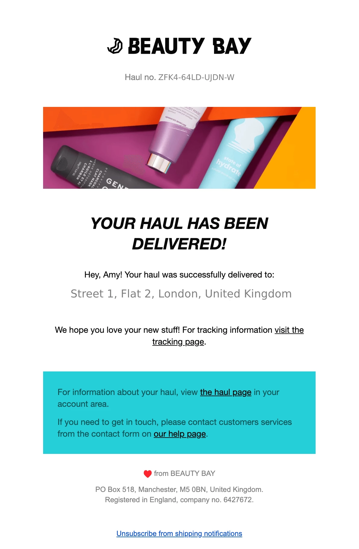 Beauty Bay delivery confirmation email. 