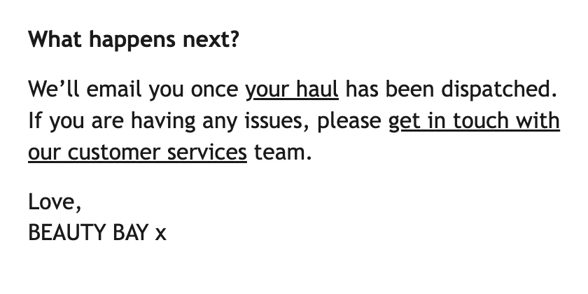 Beauty Bay email example with a link to customer service.