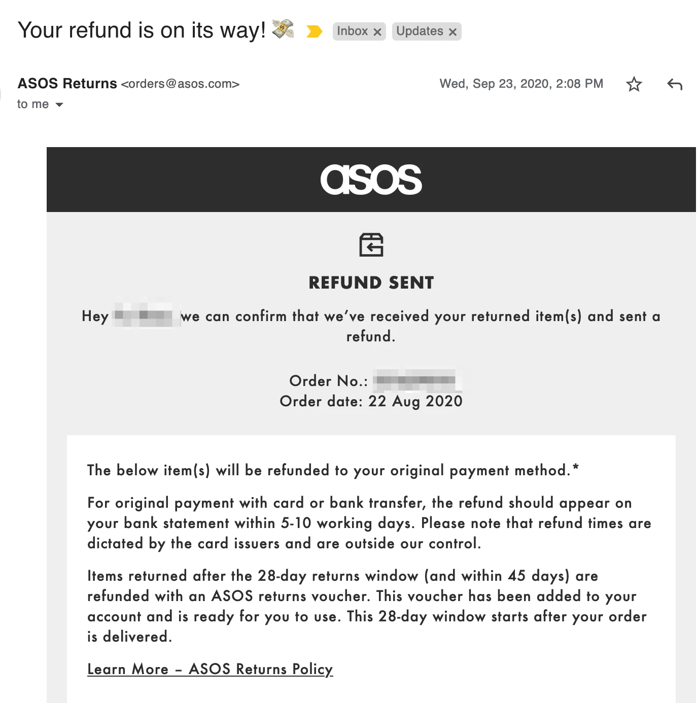 ASOS refund email
