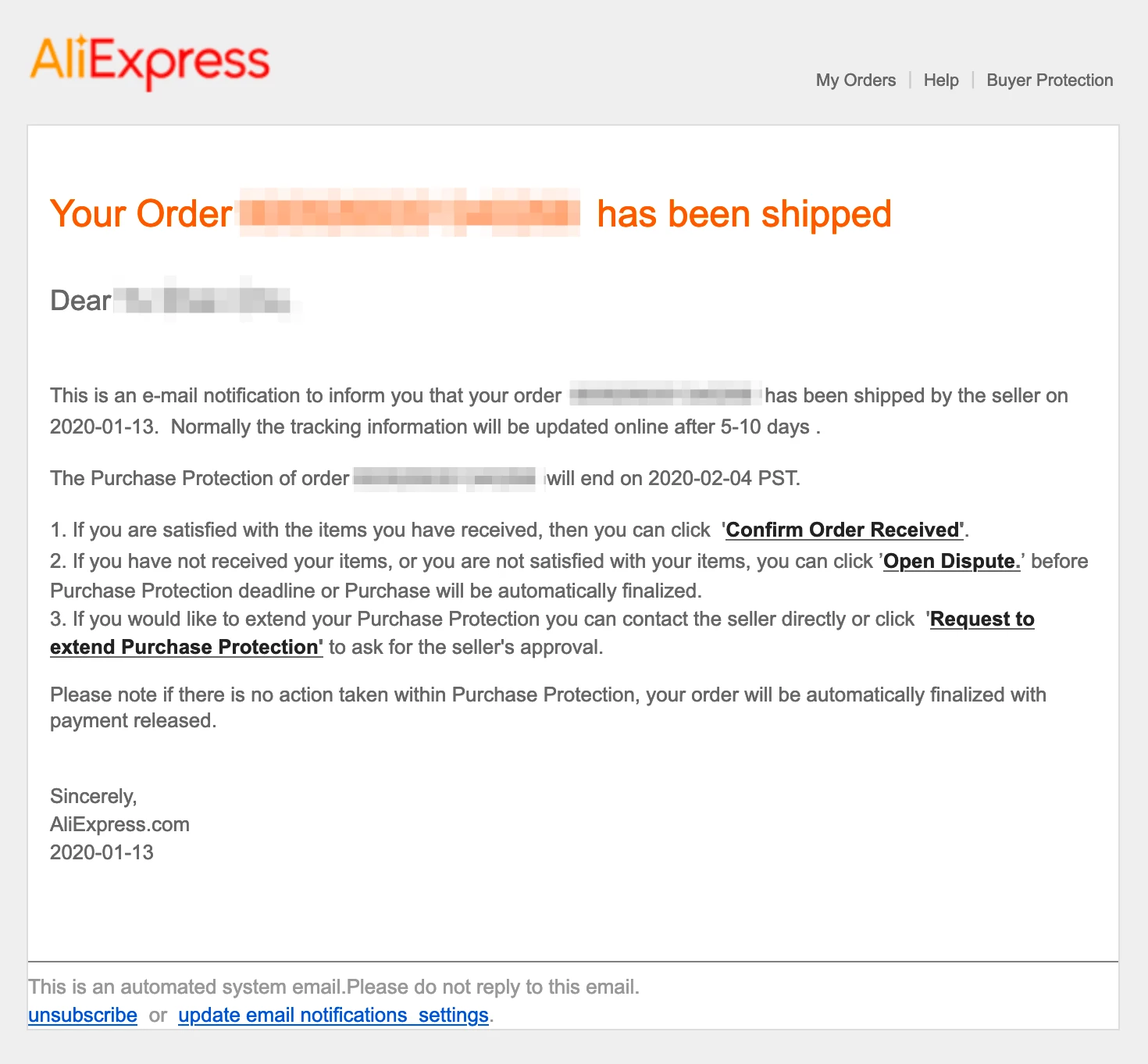 AiExpress shipping email