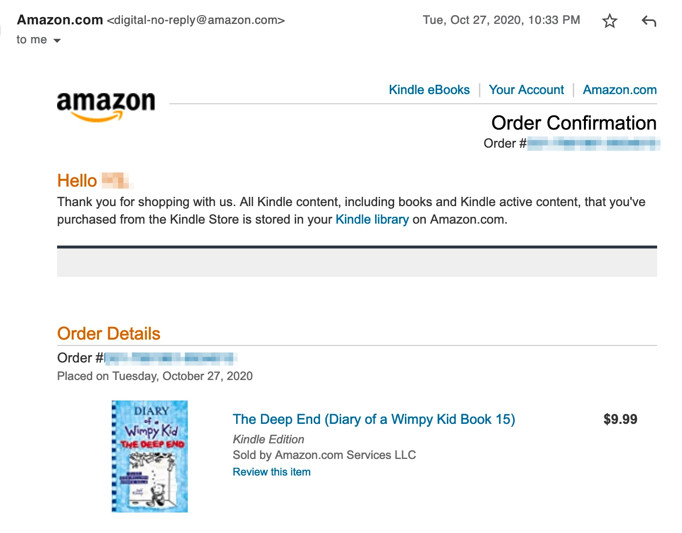 Amazon Kindle order purchase email