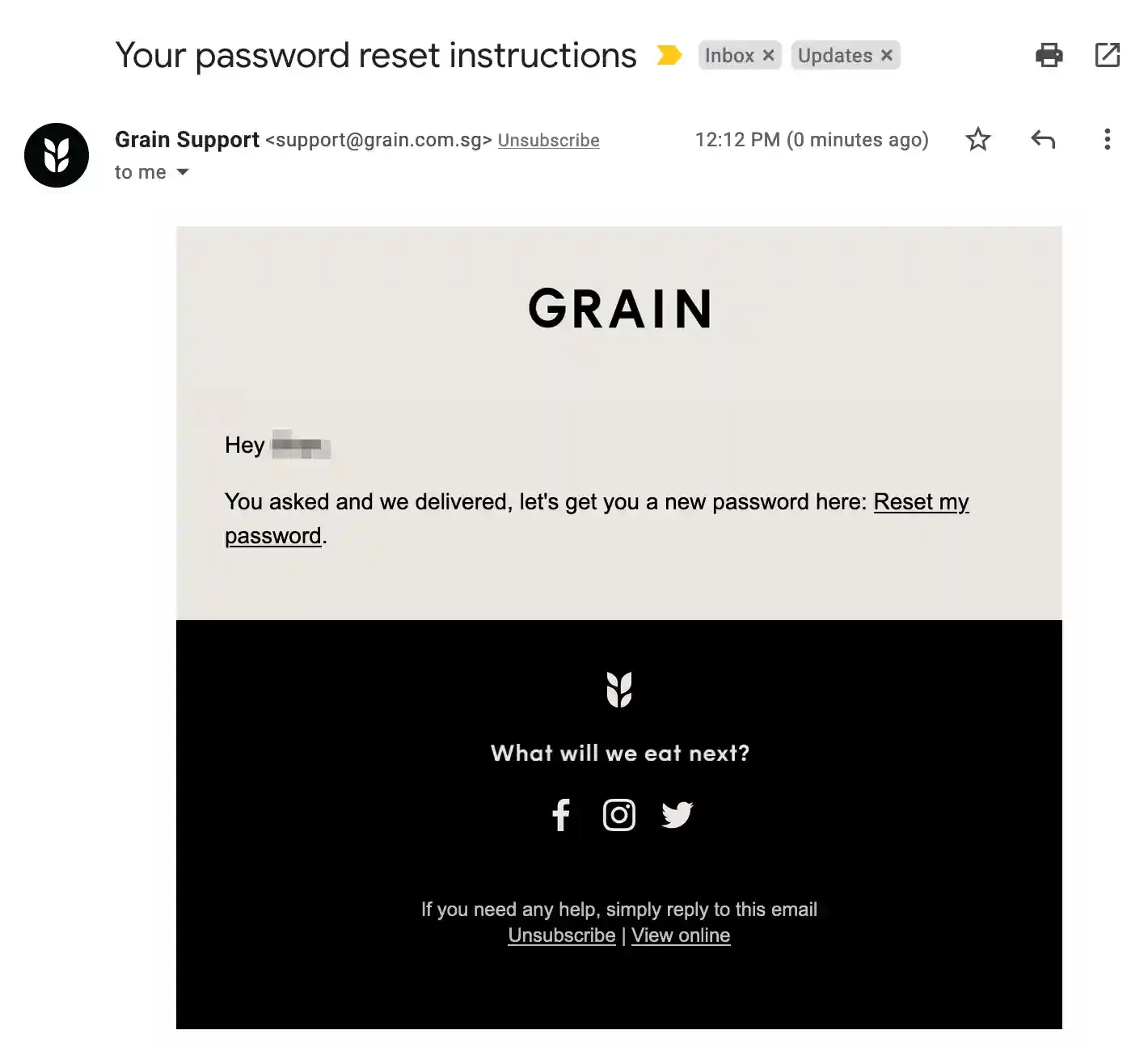 Grain password reset email
