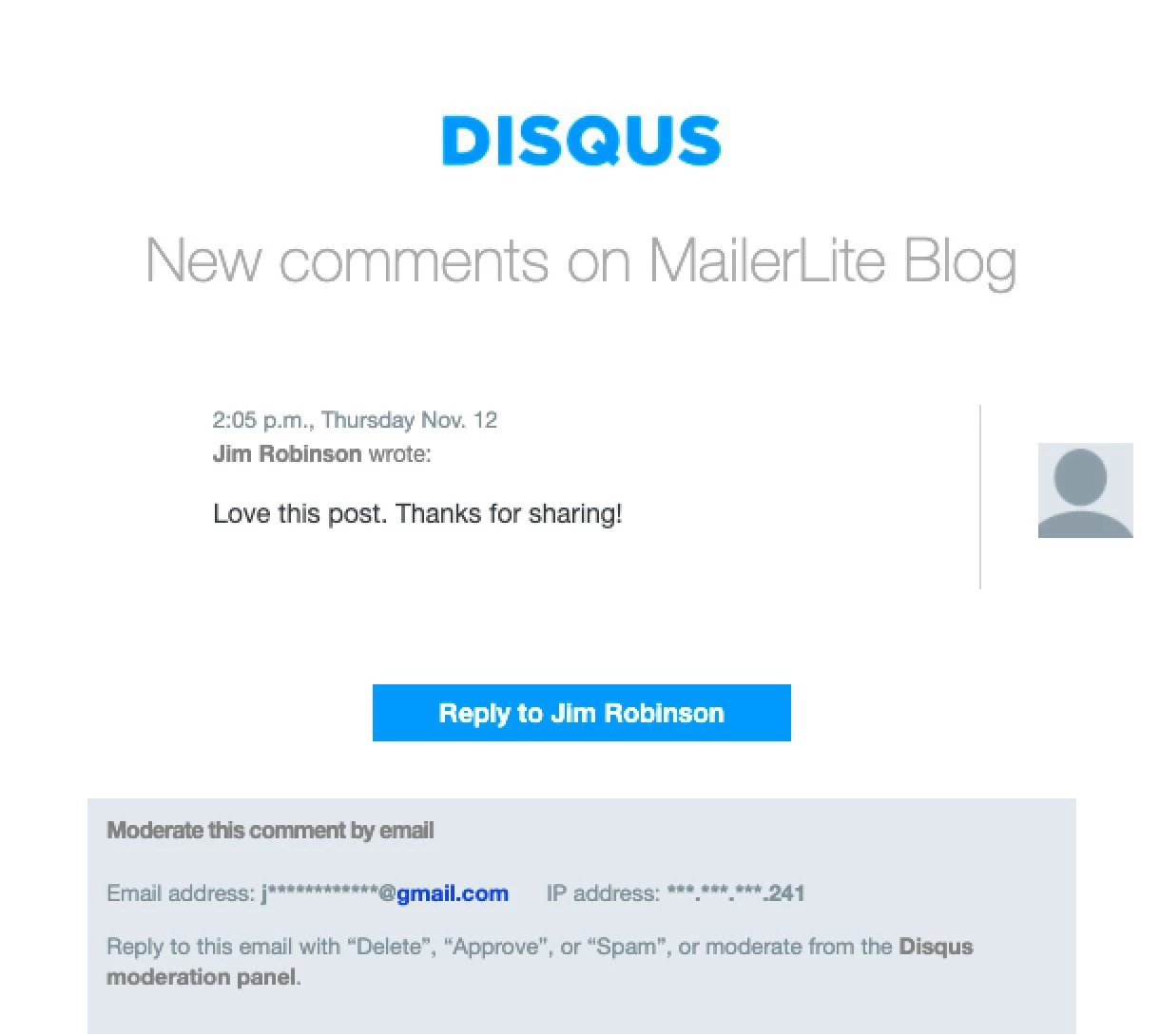 transactional email example: disqus notification of new comment in blog via transactional email