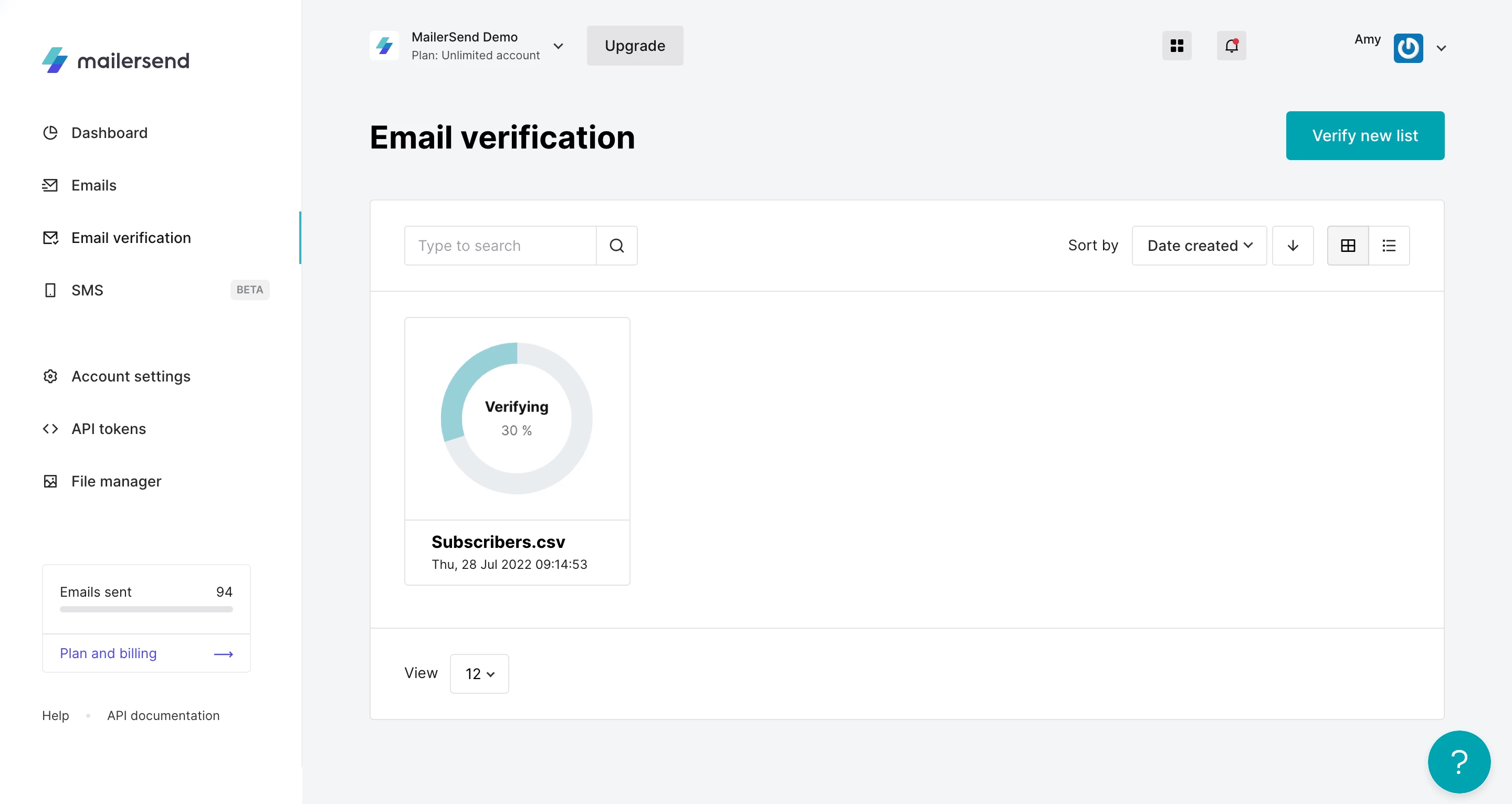 A screenshot of MailerSend's email verification tool with an list of recipients in progress.