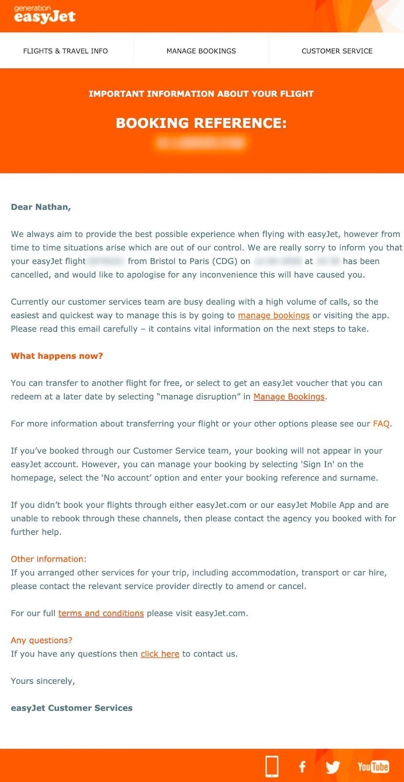An order cancelation email example from Easyjet.