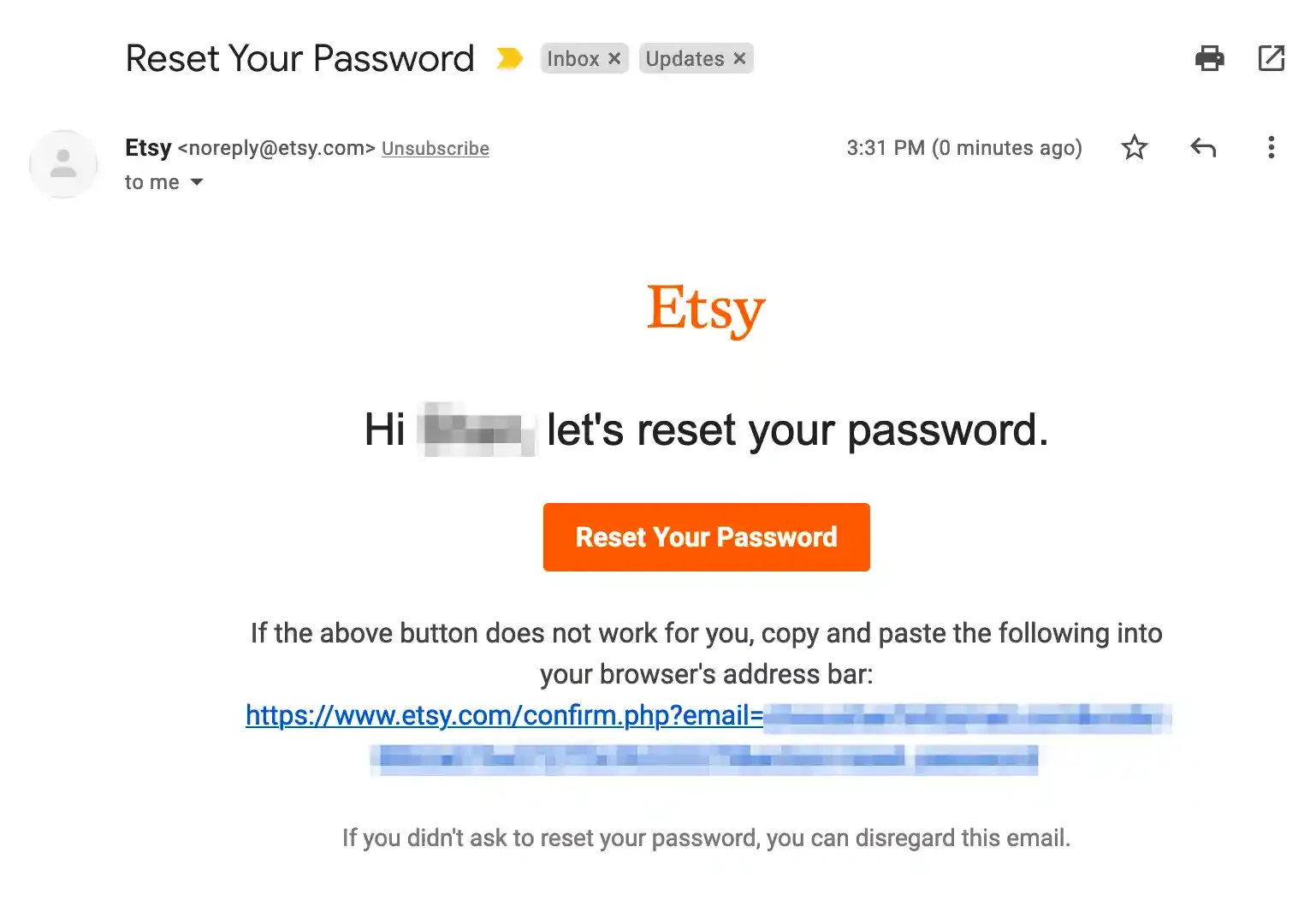 Etsy password reset email