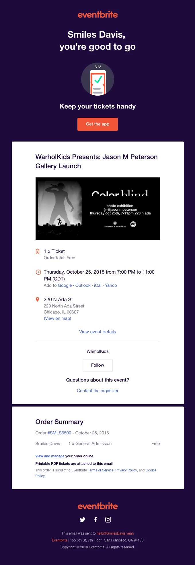 Eventbrite event confirmation email courtesy of Really Good Emails.