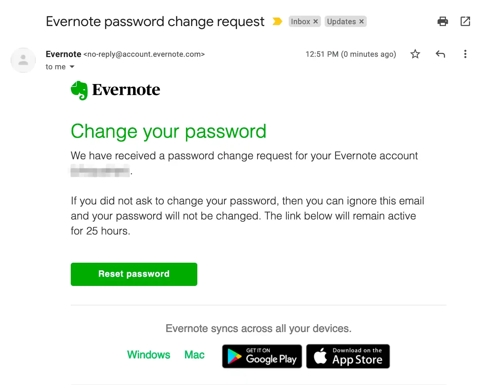 Evernote password reset email