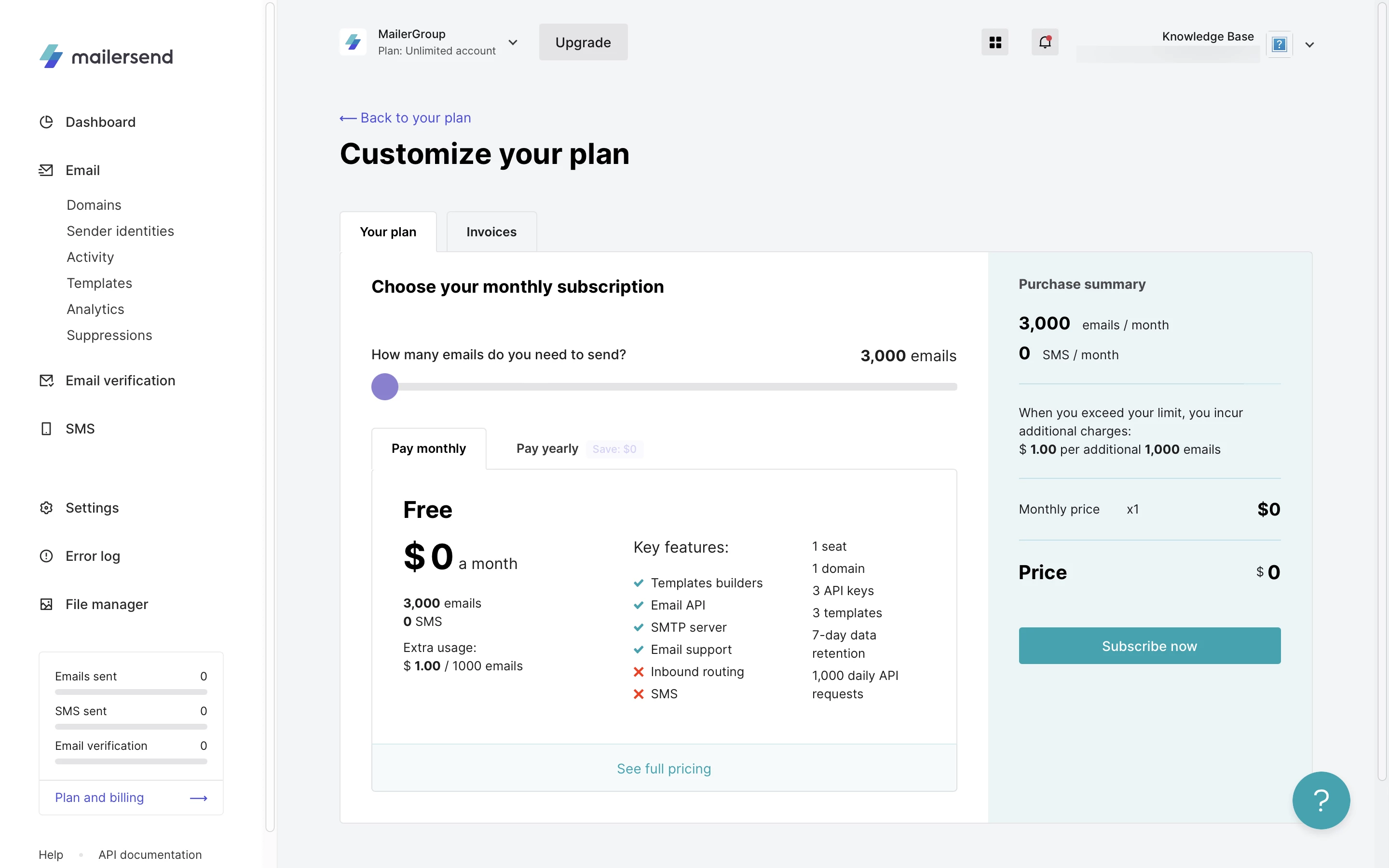 Plan page in MailerSend with options for free and premium plans.