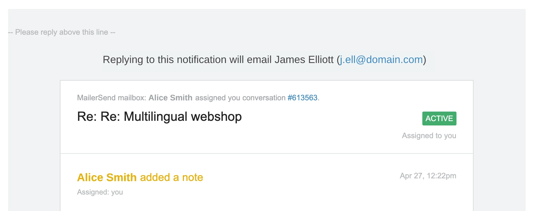 An email from HelpScout notifying the recipient that replying to the notification will email the user.