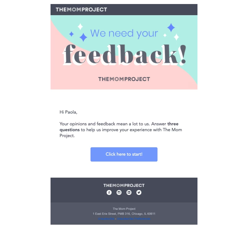 The Mom Project customer feedback email