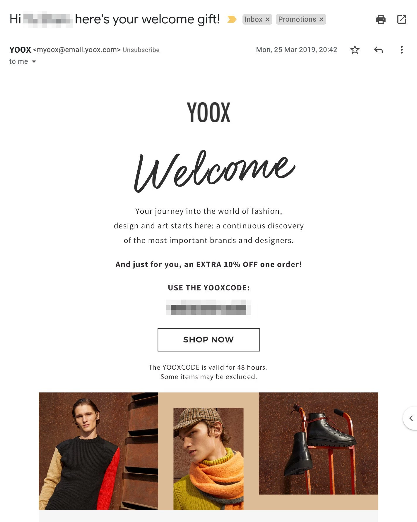 YOOX welcome email