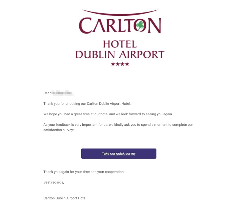 Carlton Dublin Airport Hotel customer feedback email