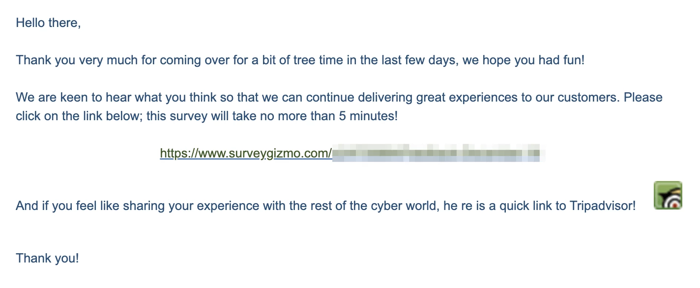 Forest Adventure customer feedback email