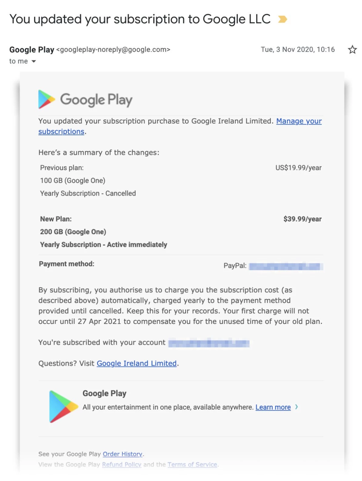 Google subscription confirmation email