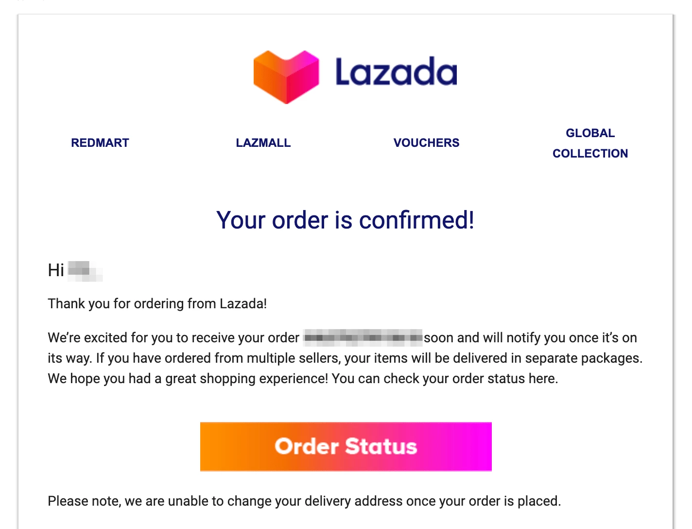 Lazada order confirmation email