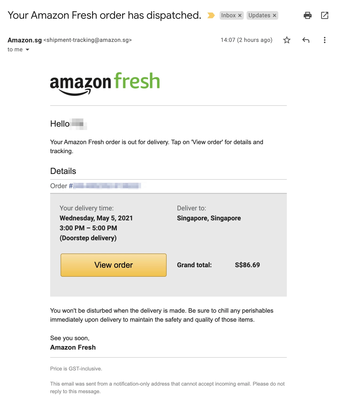Amazon Fresh order confirmation email