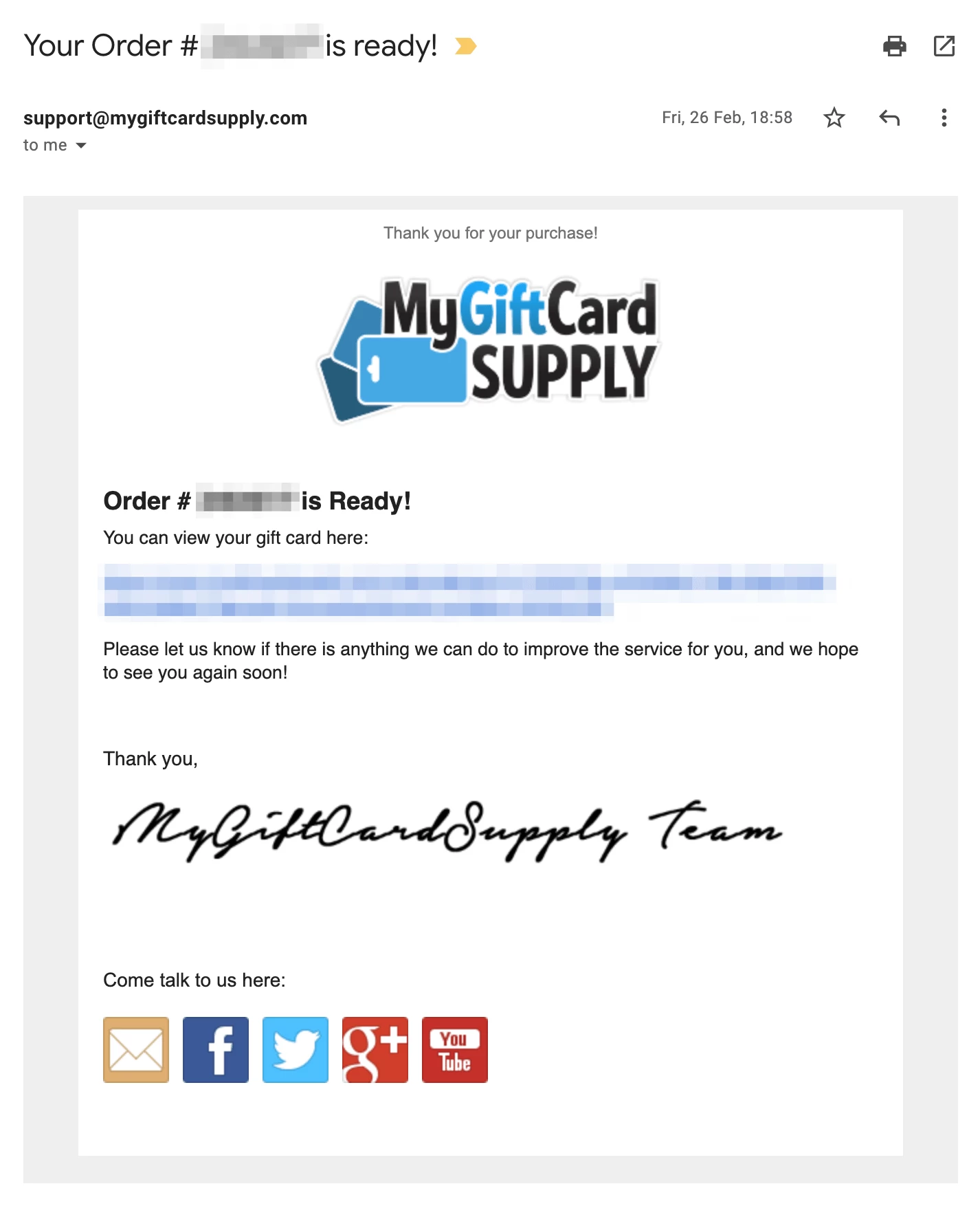 MyGiftCardSupply download confirmation email