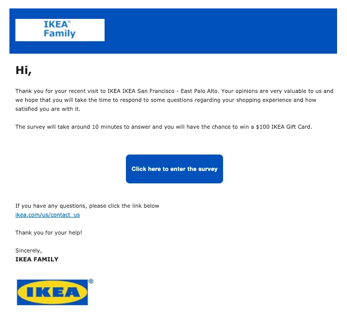 IKEA customer feedback email