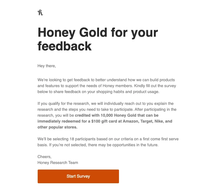 Honey customer feedback email