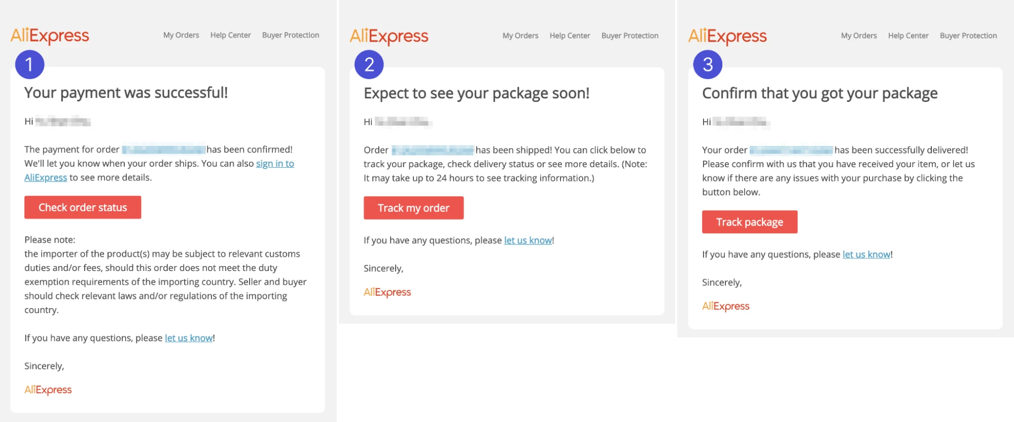 AliExpress confirmation emails