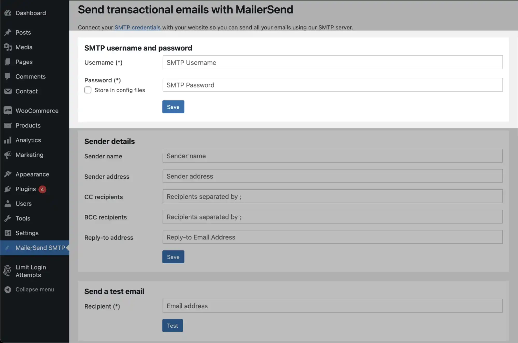 The MailerSend WordPress plugin admin page.