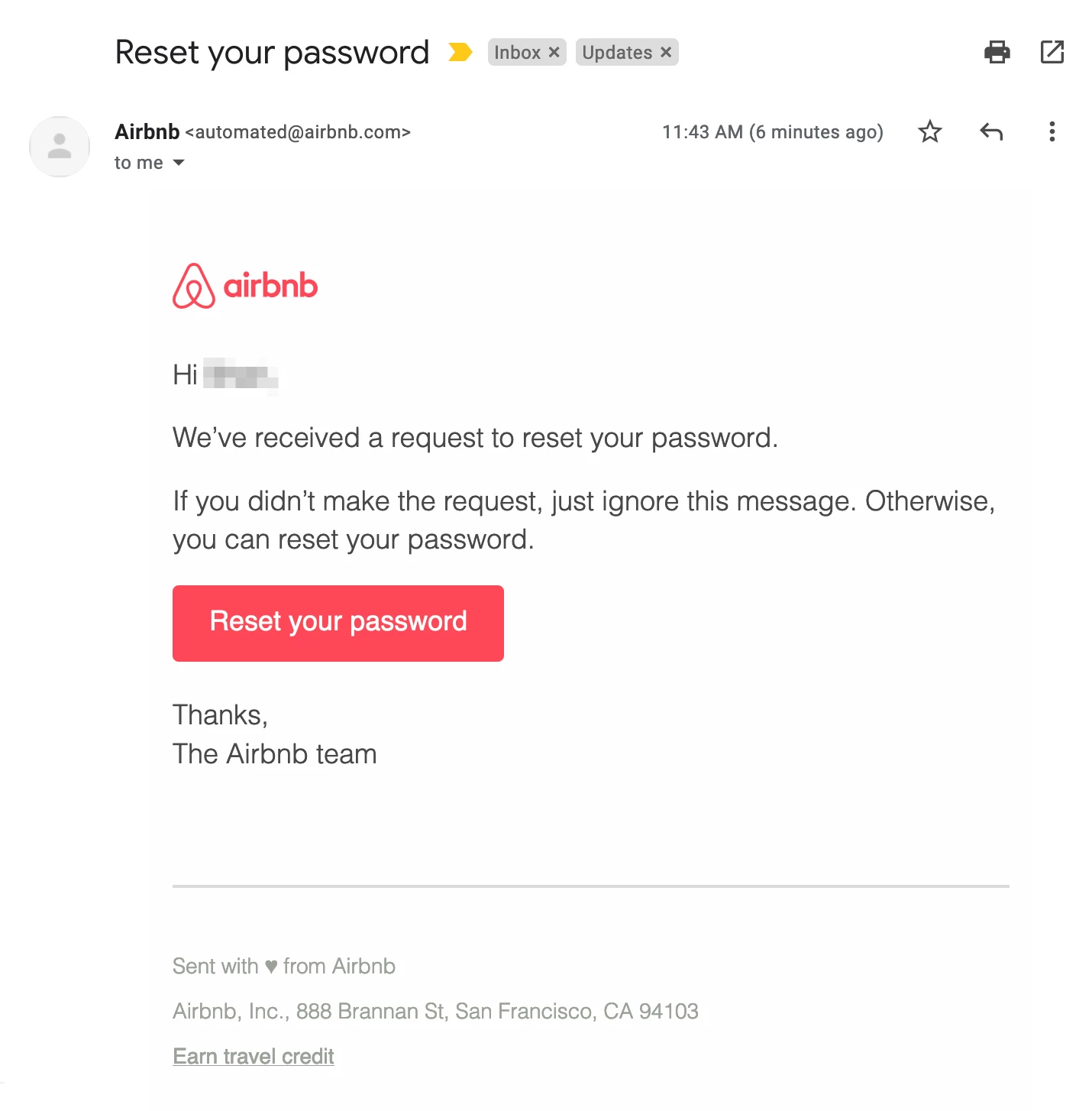 Airbnb HTML password reset email