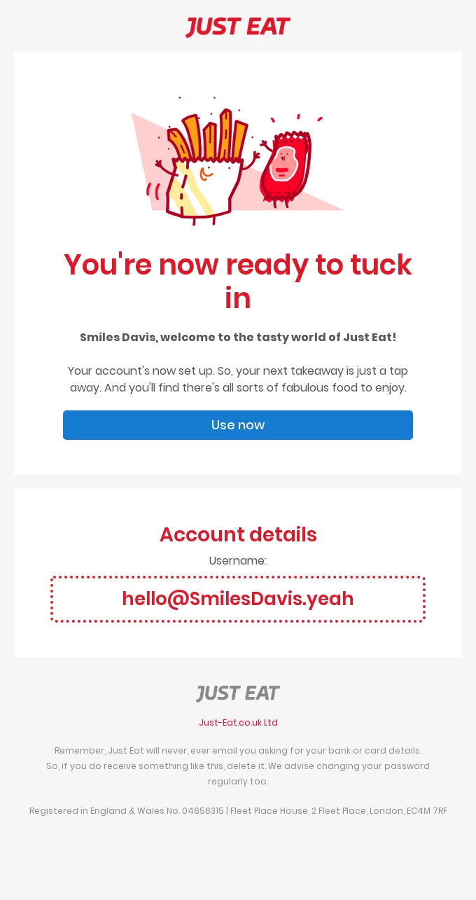 Just Eat confirmation email example