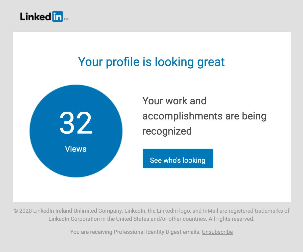 A social media notification email example from LinkedIn