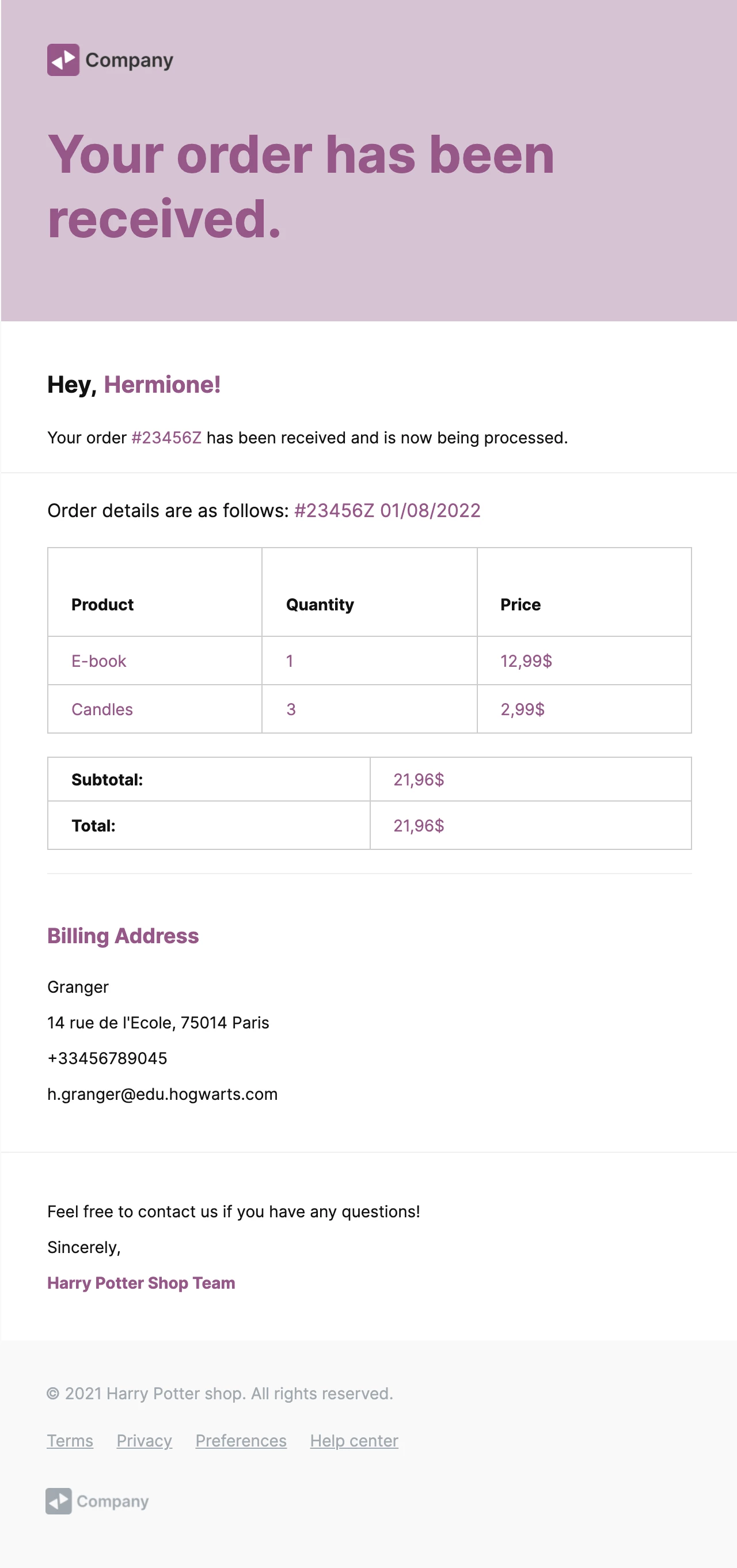 screenshot of order confirmation email example