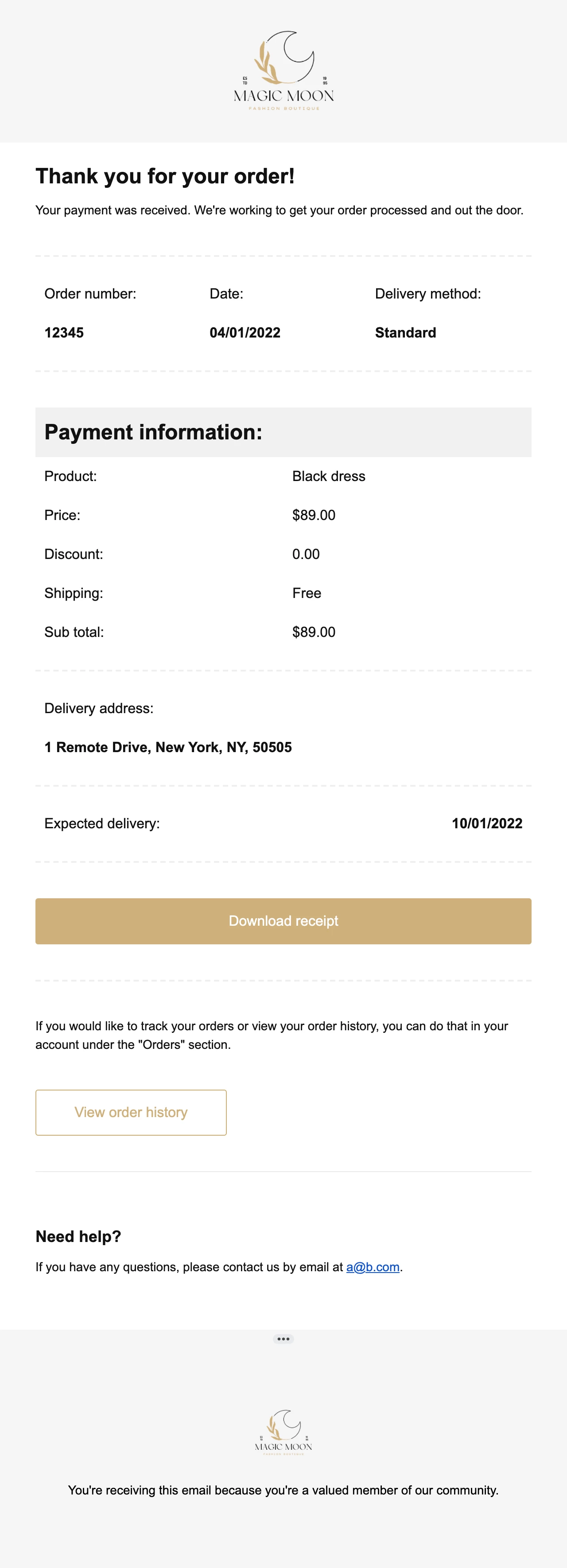 screenshot of transactional email receipt template