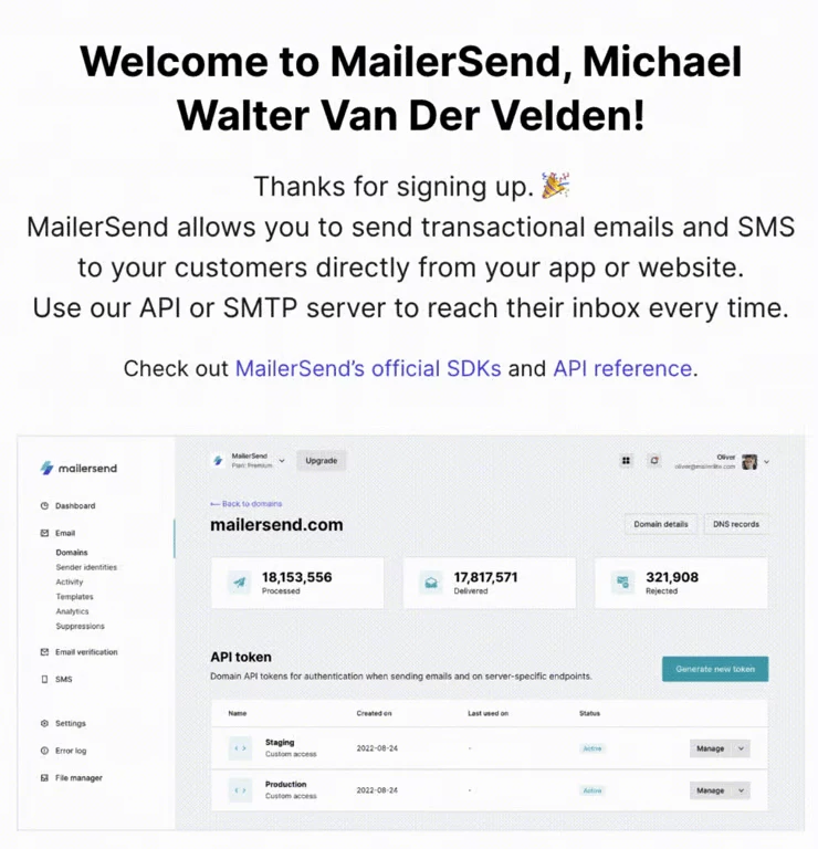 Mike's welcome message when he logged in to MailerSend.