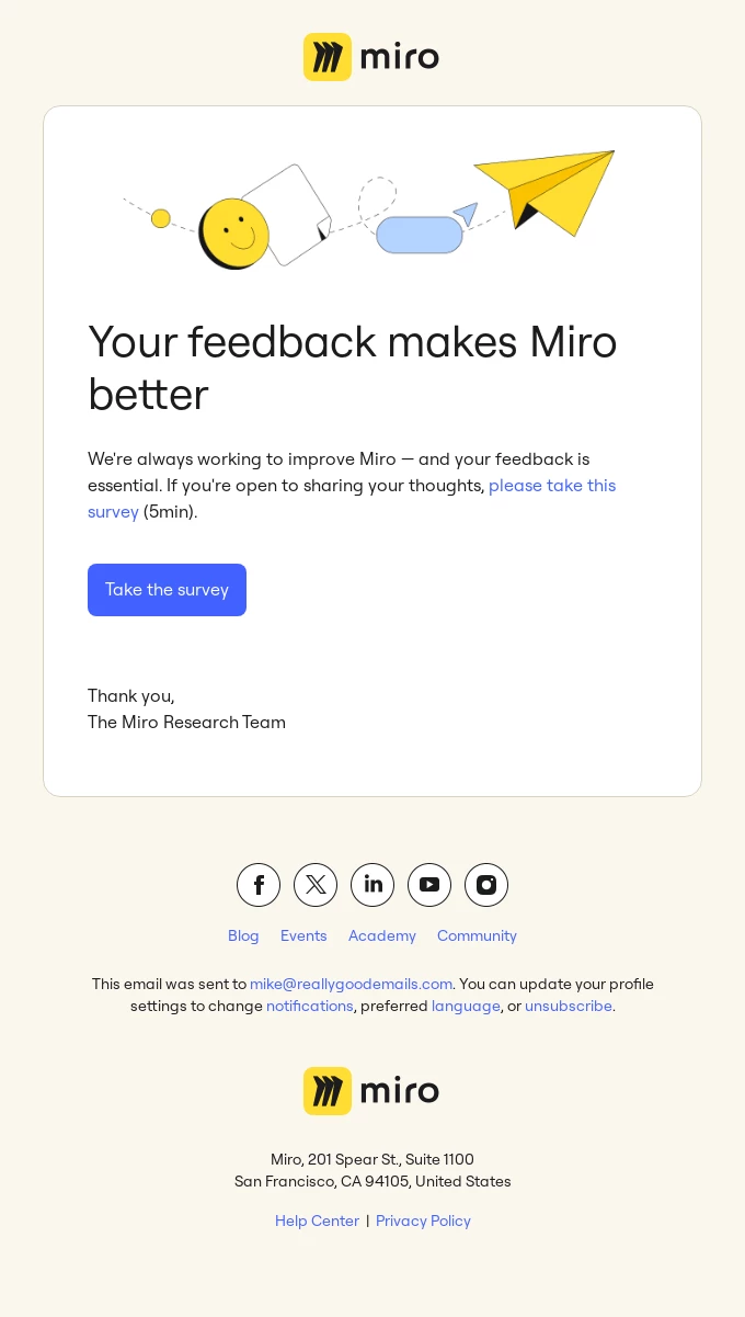 An event feedback request email from Miro, with heading, short message including time needed to complete the survey, and a CTA.