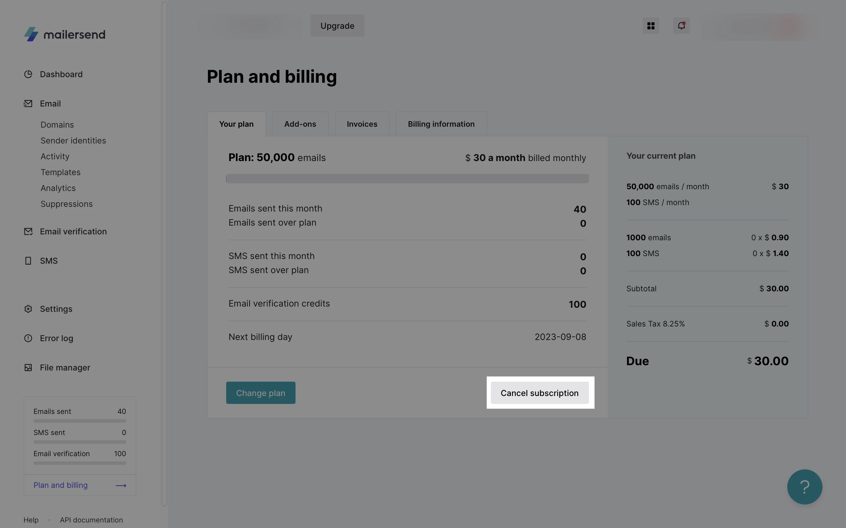 Plan and billing page with cancel subscription button highlighted.