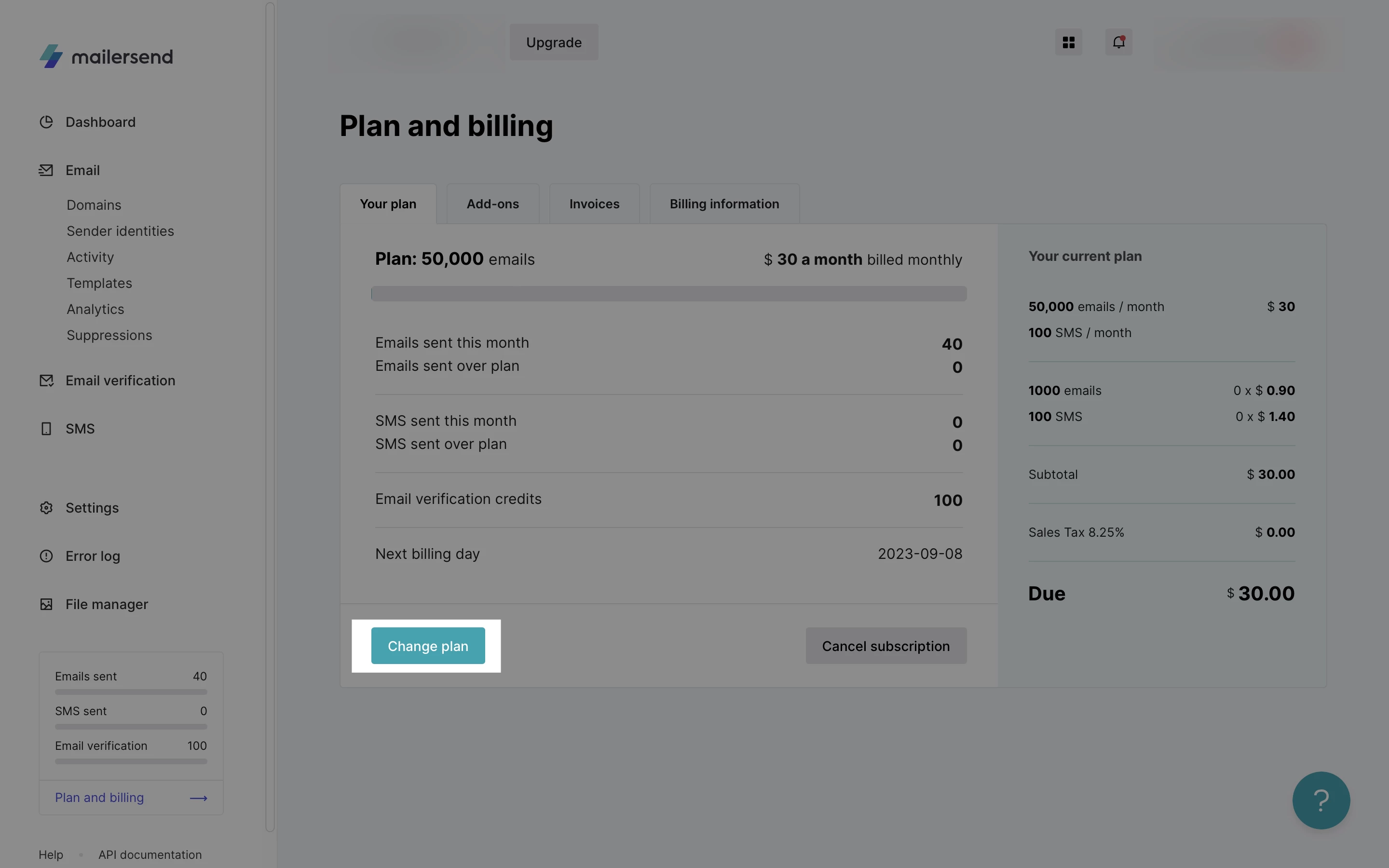 Plan and billing page with change plan button highlighted.