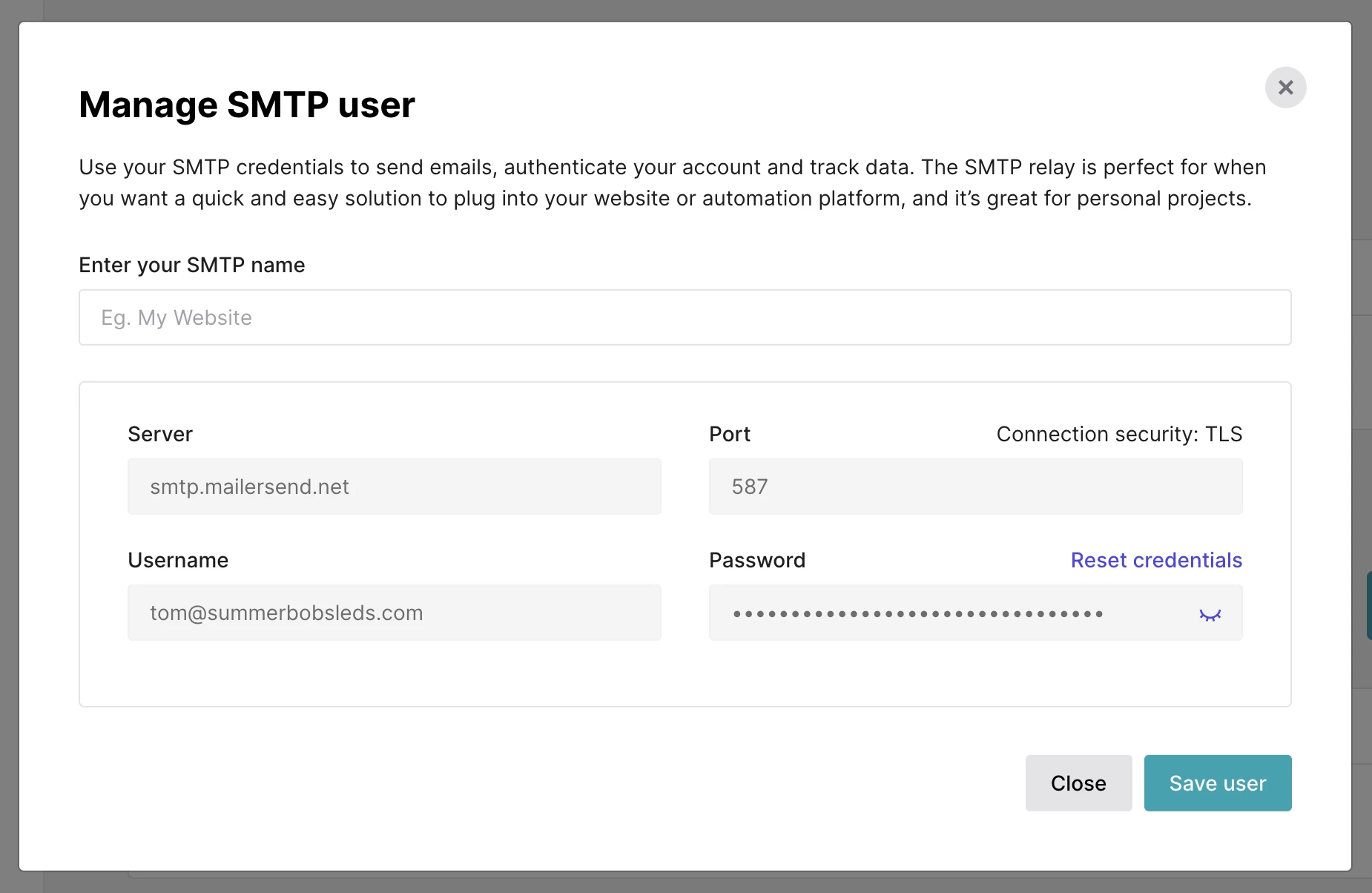 An exmple of the SMTP user credentials in MailerSend. 